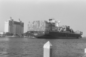 Container ship sailing the Savannah River